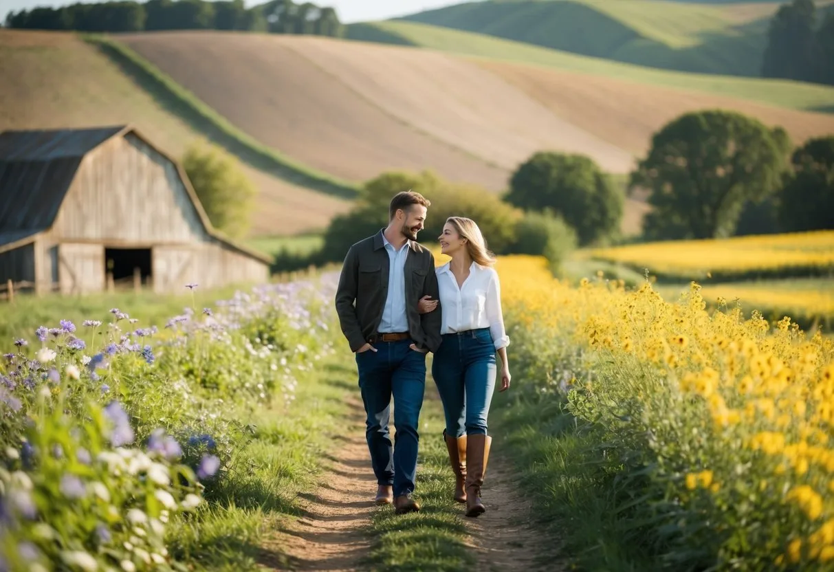A couple strolling through a rustic farm surrounded by rolling hills and blooming wildflowers enjoying a peaceful and romantic countryside getaway