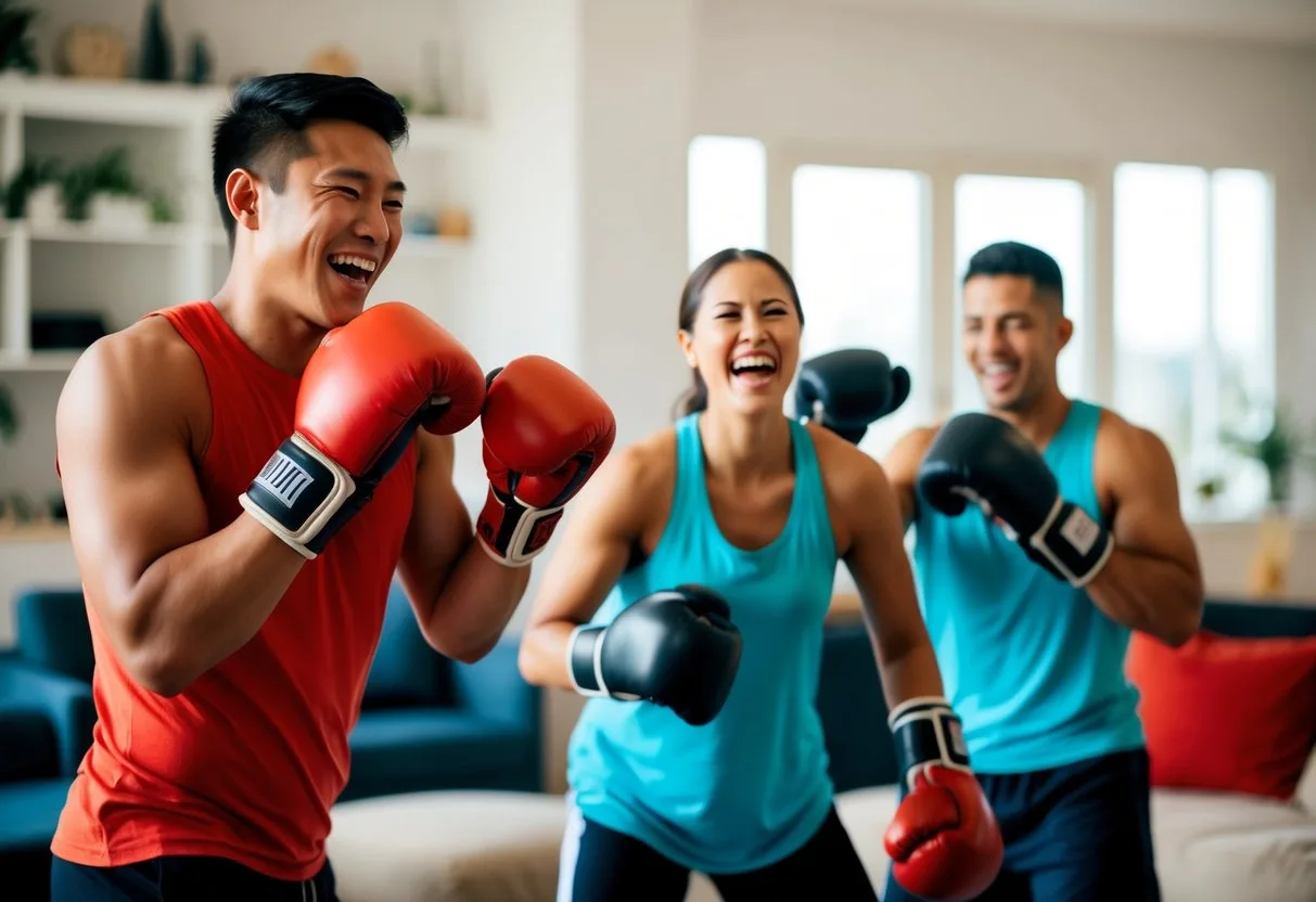 A lively scene of home boxing training filled with laughter and energy